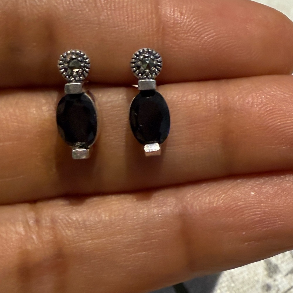 Sterling Silver 925 Marcasite Black Carnelian Earrings
